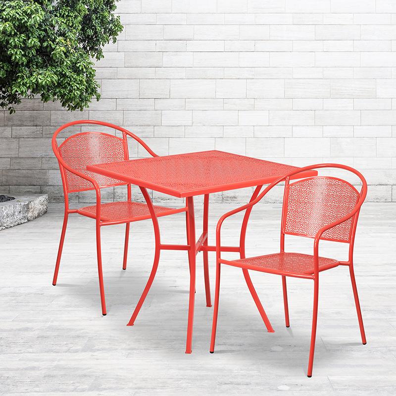 Flash Furniture 28” Square Coral Indoor-Outdoor Steel Patio Table Set with 2 Round Back Chairs – CO-28SQ-03CHR2-RED-GG Online