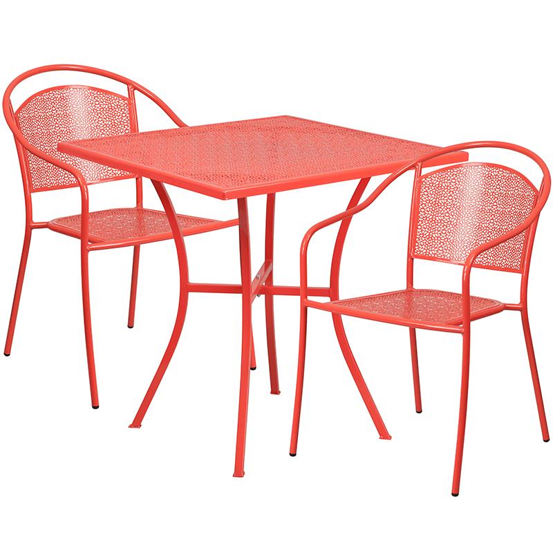 Flash Furniture 28” Square Coral Indoor-Outdoor Steel Patio Table Set with 2 Round Back Chairs – CO-28SQ-03CHR2-RED-GG Online