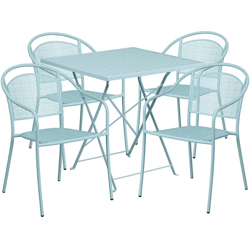 Flash Furniture 28” Square Sky Blue Indoor-Outdoor Steel Folding Patio Table Set with 4 Round Back Chairs – CO-28SQF-03CHR4-SKY-GG Online Hot Sale