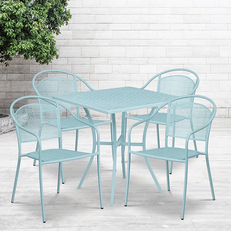 Flash Furniture 28” Square Sky Blue Indoor-Outdoor Steel Patio Table Set with 4 Round Back Chairs – CO-28SQ-03CHR4-SKY-GG Discount