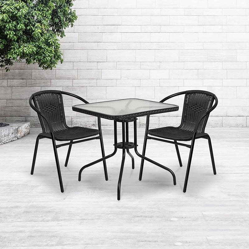 Flash Furniture 28” Square Glass Metal Table with Black Rattan Edging and 2 Black Rattan Stack Chairs – TLH-073SQ-037BK2-GG Hot on Sale