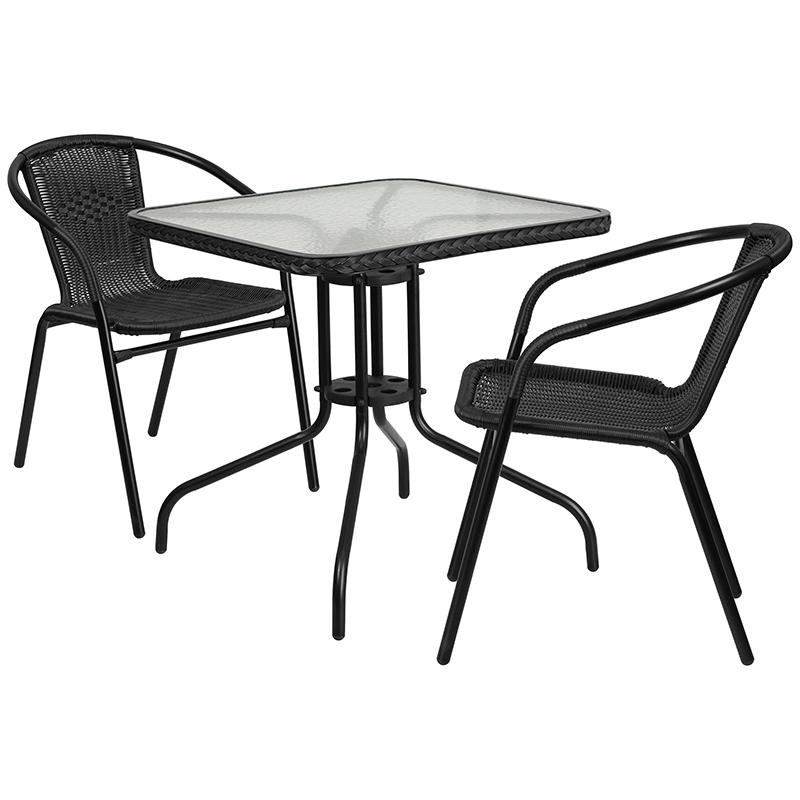 Flash Furniture 28” Square Glass Metal Table with Black Rattan Edging and 2 Black Rattan Stack Chairs – TLH-073SQ-037BK2-GG Hot on Sale