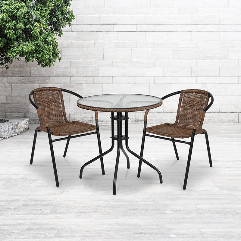 Flash Furniture 28” Round Glass Metal Table with Dark Brown Rattan Edging and 2 Dark Brown Rattan Stack Chairs – TLH-087RD-037BN2-GG Discount
