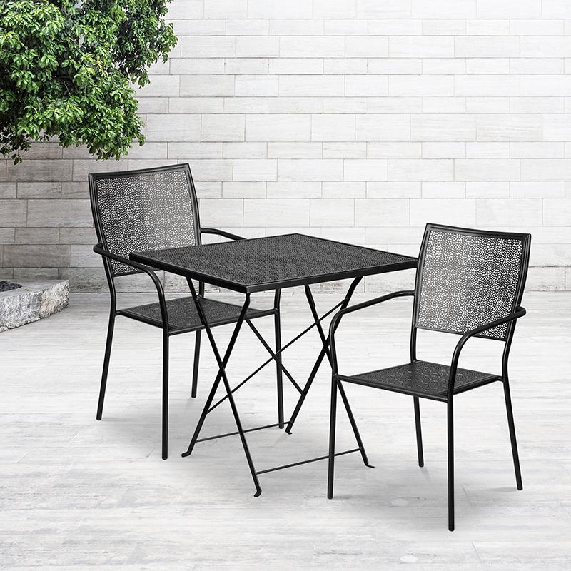 Flash Furniture 28” Square Black Indoor-Outdoor Steel Folding Patio Table Set with 2 Square Back Chairs – CO-28SQF-02CHR2-BK-GG Supply