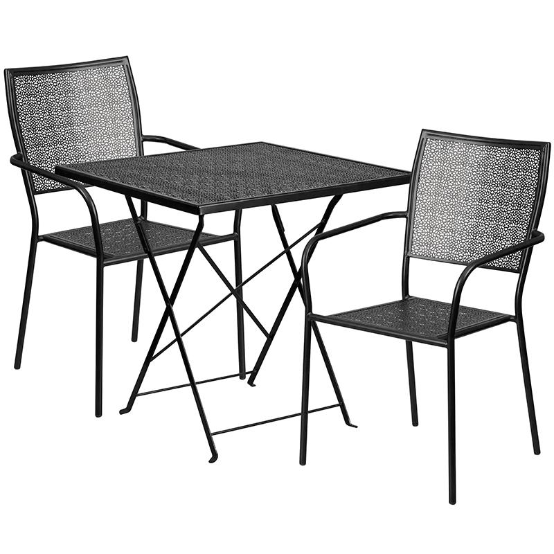 Flash Furniture 28” Square Black Indoor-Outdoor Steel Folding Patio Table Set with 2 Square Back Chairs – CO-28SQF-02CHR2-BK-GG Supply