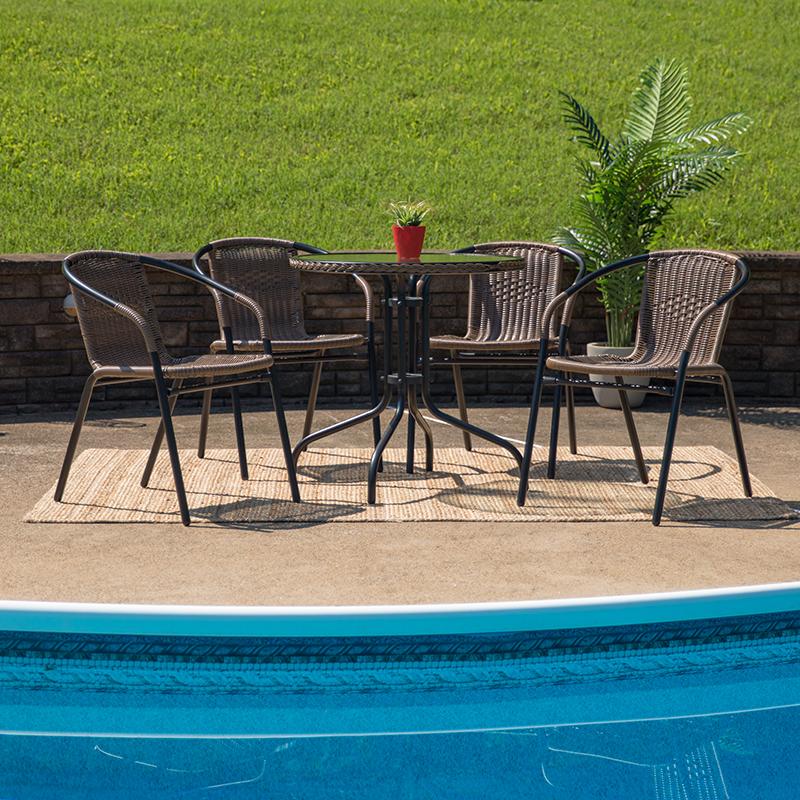 Flash Furniture 28” Round Glass Metal Table with Dark Brown Rattan Edging and 4 Dark Brown Rattan Stack Chairs – TLH-087RD-037BN4-GG Fashion