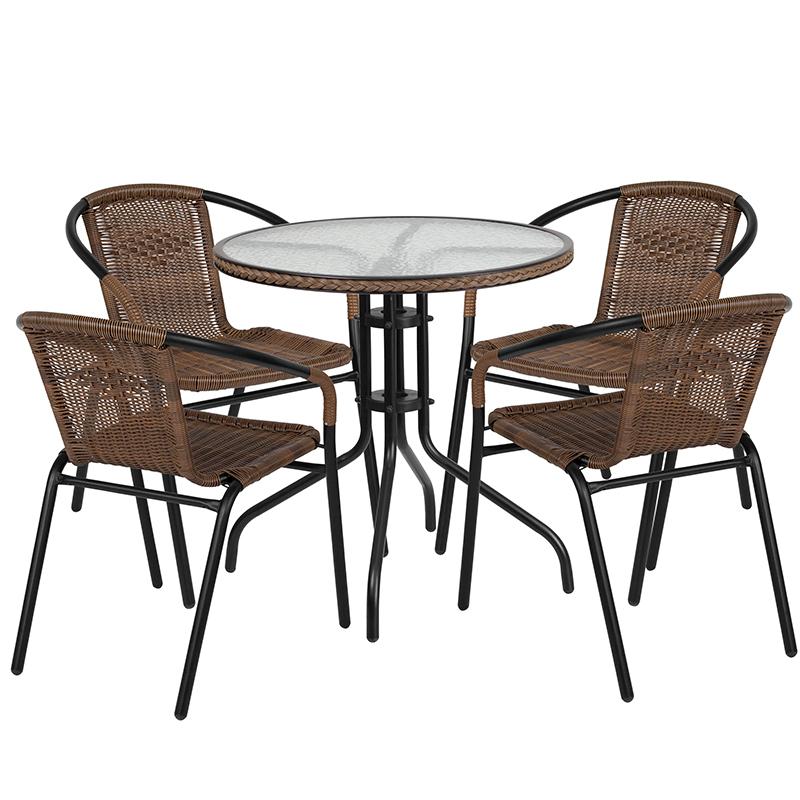 Flash Furniture 28” Round Glass Metal Table with Dark Brown Rattan Edging and 4 Dark Brown Rattan Stack Chairs – TLH-087RD-037BN4-GG Fashion