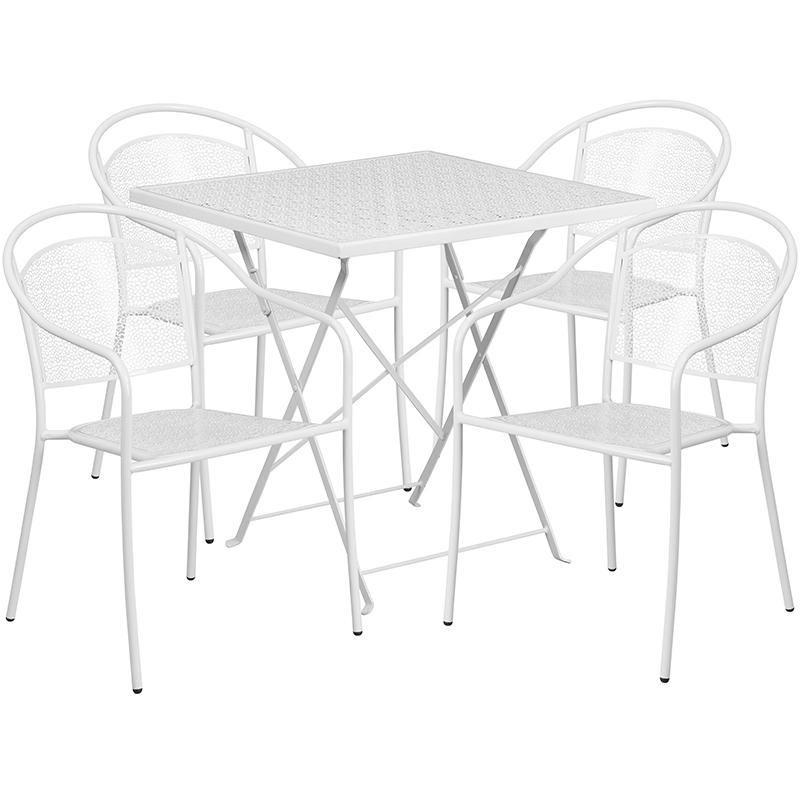 Flash Furniture 28” Square White Indoor-Outdoor Steel Folding Patio Table Set with 4 Round Back Chairs – CO-28SQF-03CHR4-WH-GG Discount