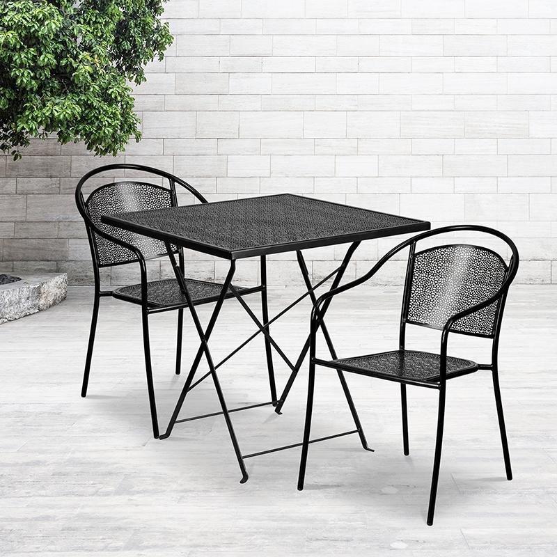 Flash Furniture 28” Square Black Indoor-Outdoor Steel Folding Patio Table Set with 2 Round Back Chairs – CO-28SQF-03CHR2-BK-GG Online Hot Sale