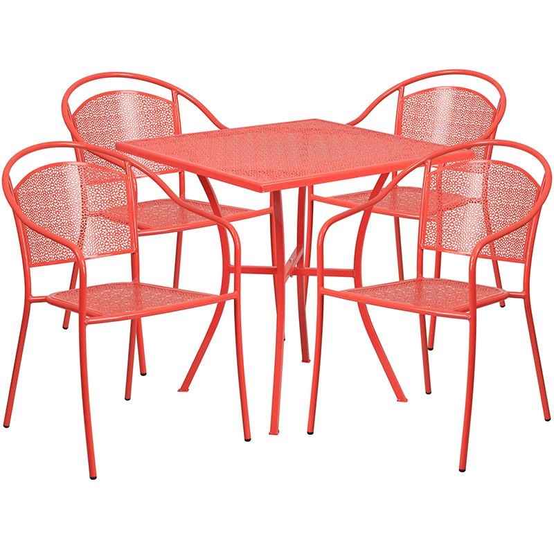 Flash Furniture 28” Square Coral Indoor-Outdoor Steel Patio Table Set with 4 Round Back Chairs – CO-28SQ-03CHR4-RED-GG Supply