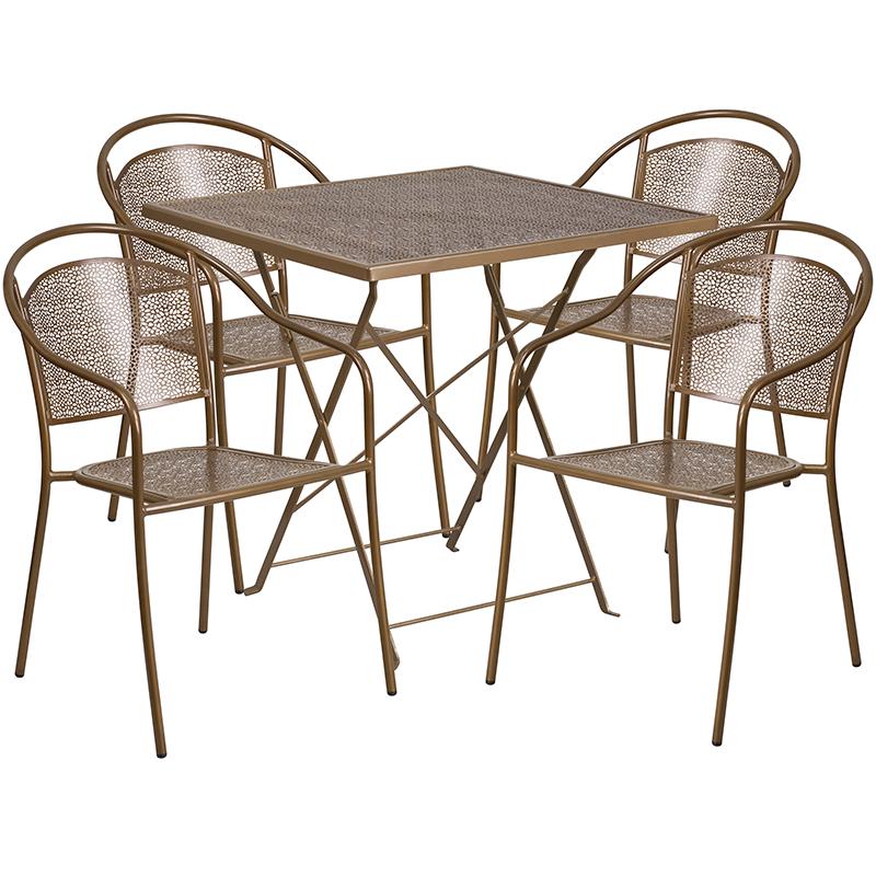 Flash Furniture 28” Square Gold Indoor-Outdoor Steel Folding Patio Table Set with 4 Round Back Chairs – CO-28SQF-03CHR4-GD-GG Supply