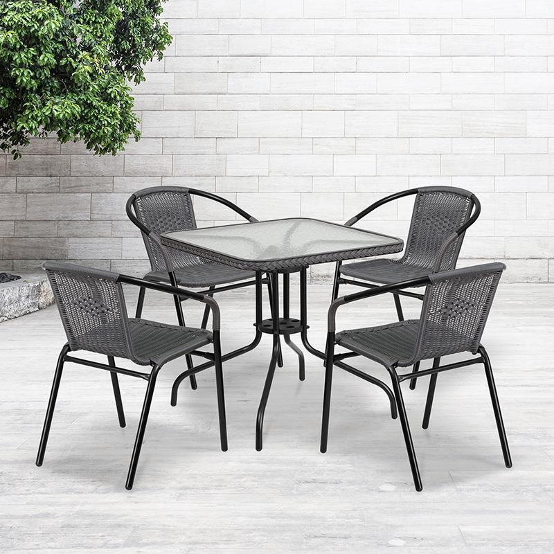 Flash Furniture 28” Square Glass Metal Table with Gray Rattan Edging and 4 Gray Rattan Stack Chairs – TLH-073SQ-037GY4-GG Online Hot Sale