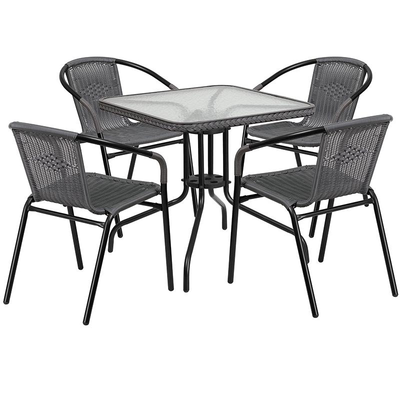 Flash Furniture 28” Square Glass Metal Table with Gray Rattan Edging and 4 Gray Rattan Stack Chairs – TLH-073SQ-037GY4-GG Online Hot Sale