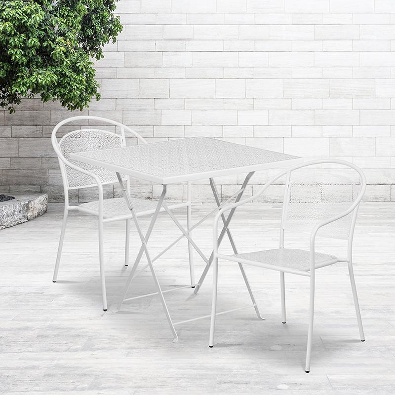 Flash Furniture 28” Square White Indoor-Outdoor Steel Folding Patio Table Set with 2 Round Back Chairs – CO-28SQF-03CHR2-WH-GG Online Sale