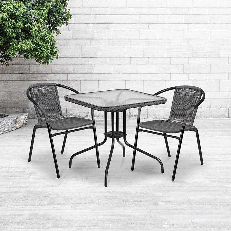 Flash Furniture 28” Square Glass Metal Table with Gray Rattan Edging and 2 Gray Rattan Stack Chairs – TLH-073SQ-037GY2-GG Online Sale