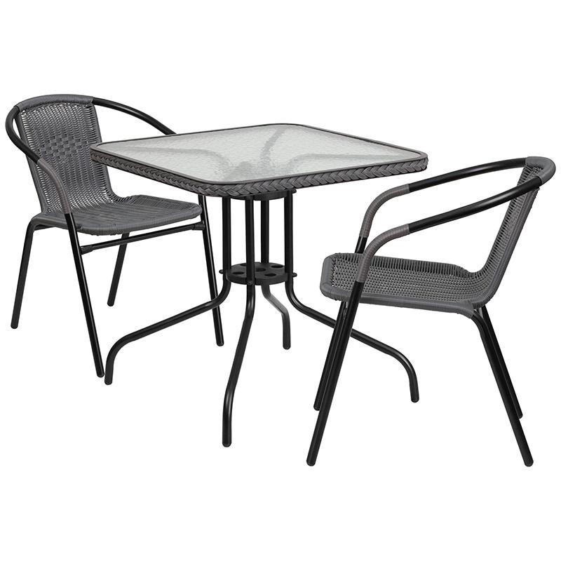 Flash Furniture 28” Square Glass Metal Table with Gray Rattan Edging and 2 Gray Rattan Stack Chairs – TLH-073SQ-037GY2-GG Online Sale
