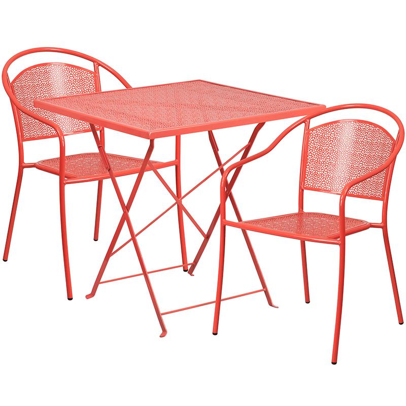 Flash Furniture 28” Square Coral Indoor-Outdoor Steel Folding Patio Table Set with 2 Round Back Chairs – CO-28SQF-03CHR2-RED-GG Hot on Sale