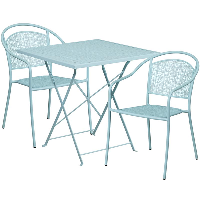 Flash Furniture 28” Square Sky Blue Indoor-Outdoor Steel Folding Patio Table Set with 2 Round Back Chairs – CO-28SQF-03CHR2-SKY-GG Sale