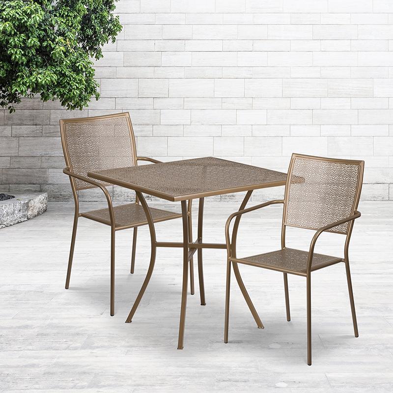 Flash Furniture 28” Square Gold Indoor-Outdoor Steel Patio Table Set with 2 Square Back Chairs – CO-28SQ-02CHR2-GD-GG Online Sale