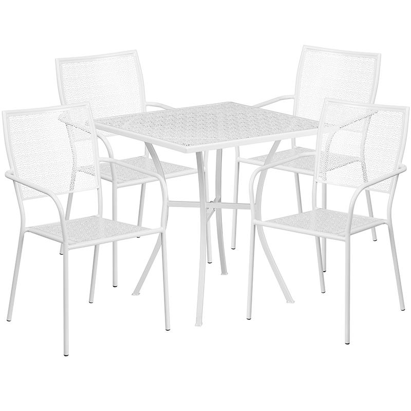 Flash Furniture 28” Square White Indoor-Outdoor Steel Patio Table Set with 4 Square Back Chairs – CO-28SQ-02CHR4-WH-GG Supply