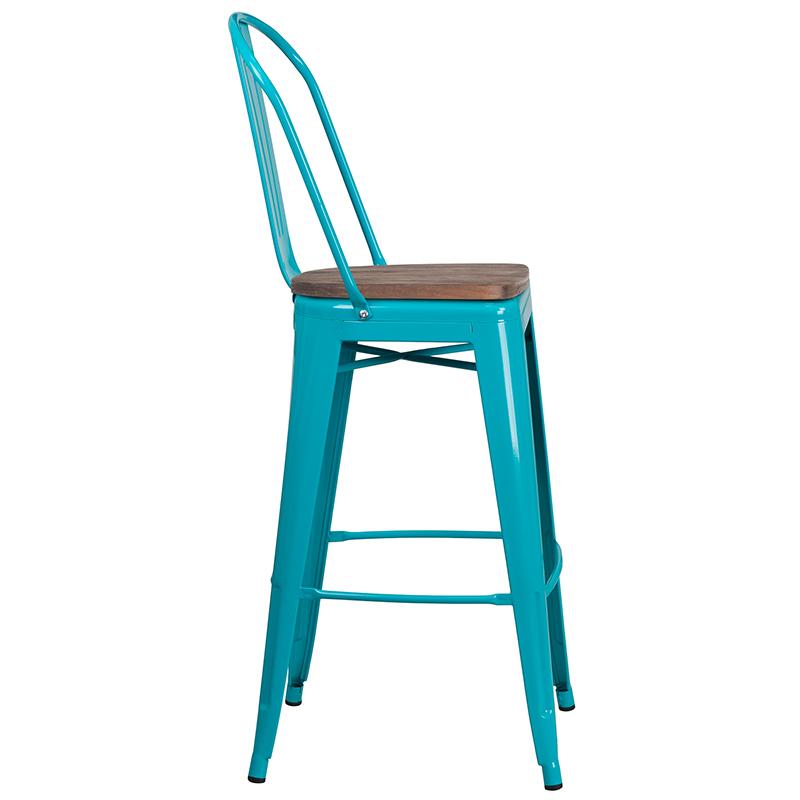 Flash Furniture 30″ High Crystal Teal-Blue Metal Barstool with Back and Wood Seat – ET-3534-30-CB-WD-GG Online now