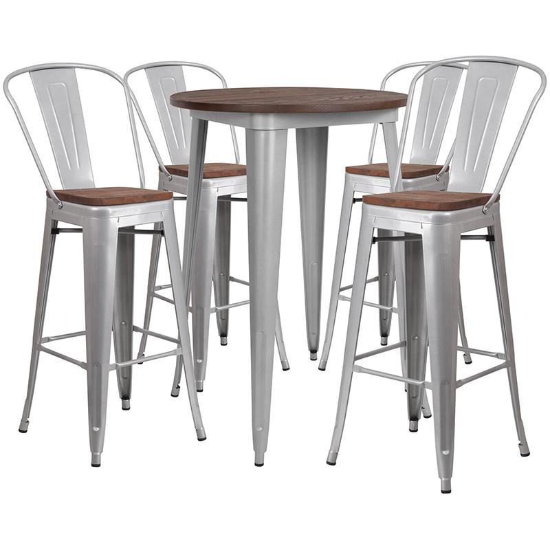 Flash Furniture 30″ Round Silver Metal Bar Table Set with Wood Top and 4 Stools – CH-WD-TBCH-11-GG Online now