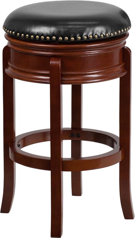 Flash Furniture 29” High Backless Light Cherry Wood Barstool with Carved Apron and Black Leather Swivel Seat – TA-68829-LC-GG on Sale