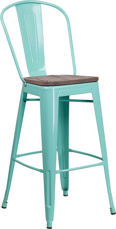 Flash Furniture 30″ High Mint Green Metal Barstool with Back and Wood Seat – ET-3534-30-MINT-WD-GG Online Hot Sale