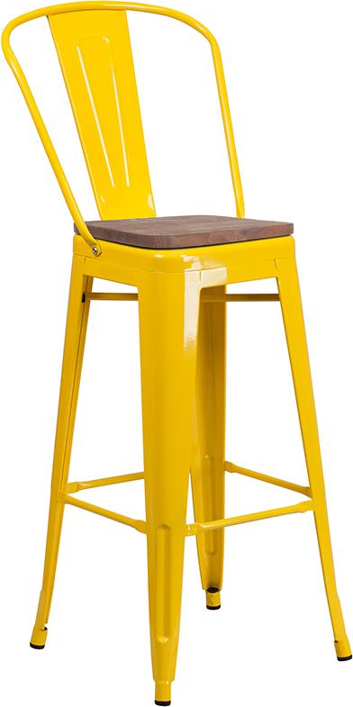 Flash Furniture 30″ High Yellow Metal Barstool with Back and Wood Seat – CH-31320-30GB-YL-WD-GG Sale