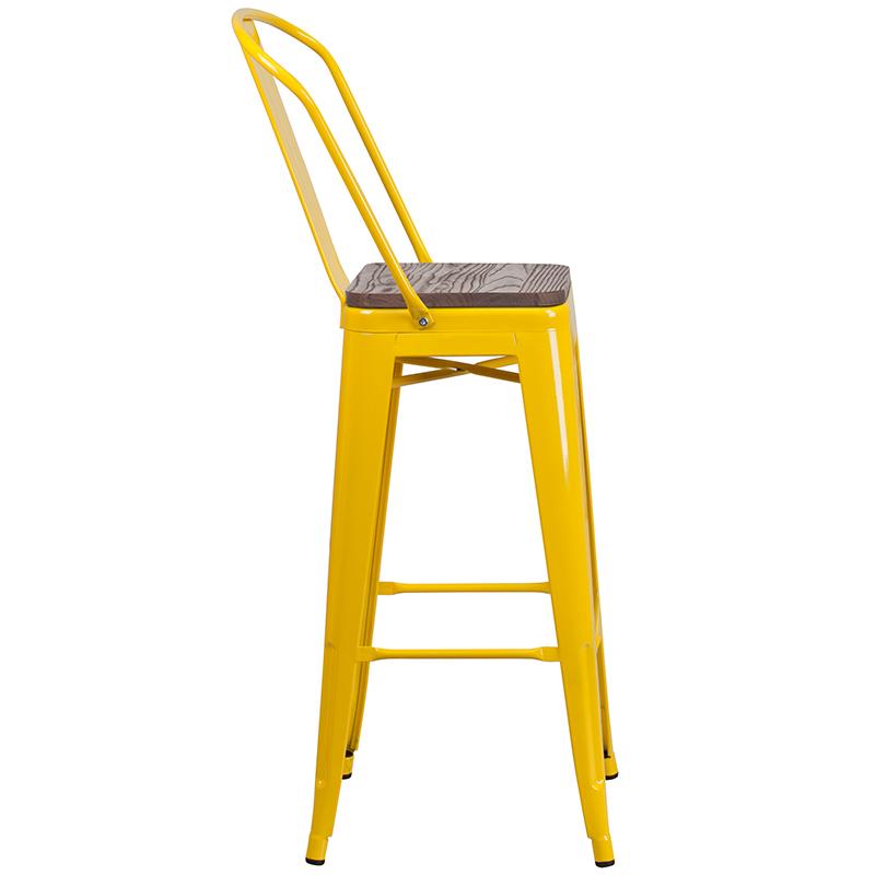 Flash Furniture 30″ High Yellow Metal Barstool with Back and Wood Seat – CH-31320-30GB-YL-WD-GG Sale