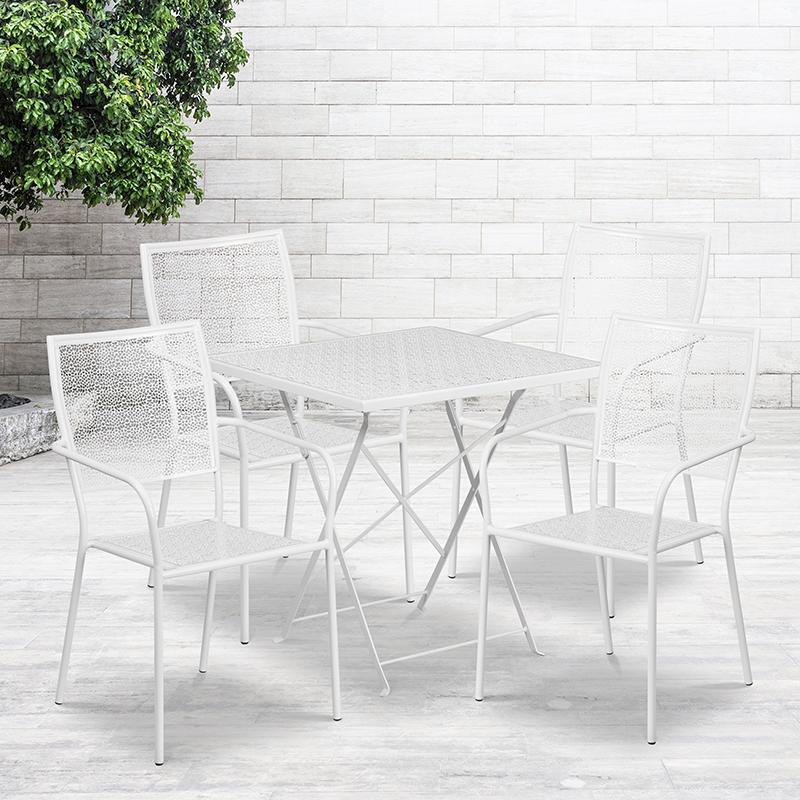 Flash Furniture 28” Square White Indoor-Outdoor Steel Folding Patio Table Set with 4 Square Back Chairs – CO-28SQF-02CHR4-WH-GG Online Hot Sale
