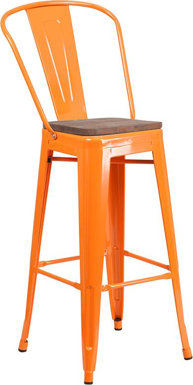 Flash Furniture 30″ High Orange Metal Barstool with Back and Wood Seat – CH-31320-30GB-OR-WD-GG Supply