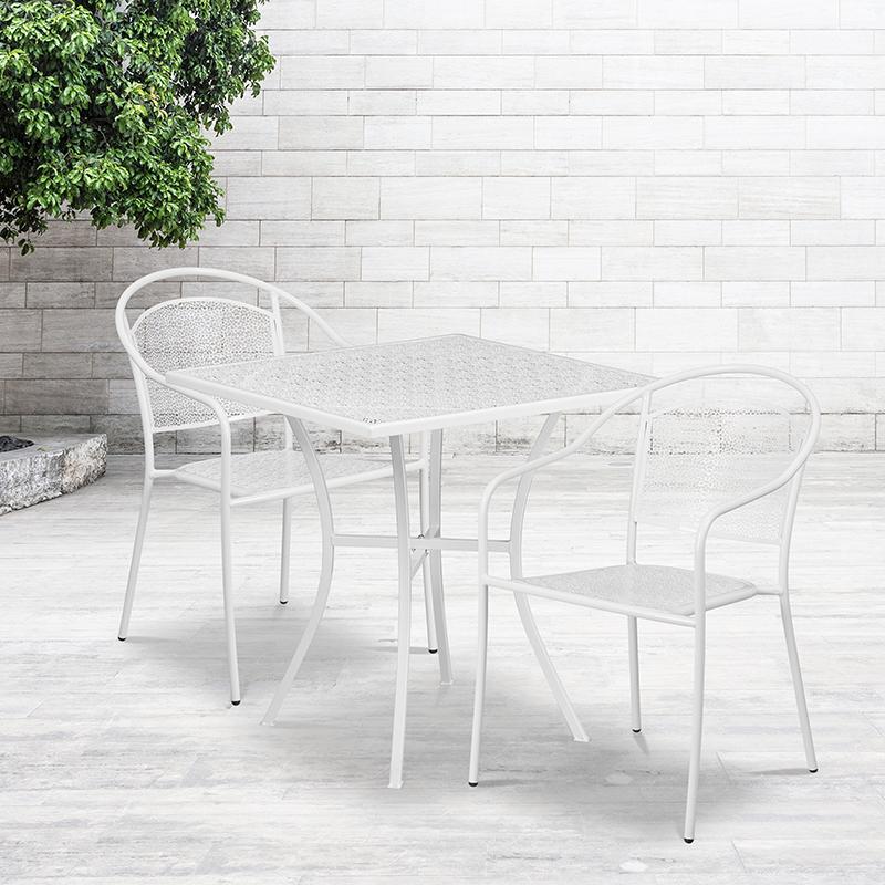 Flash Furniture 28” Square White Indoor-Outdoor Steel Patio Table Set with 2 Round Back Chairs – CO-28SQ-03CHR2-WH-GG Hot on Sale
