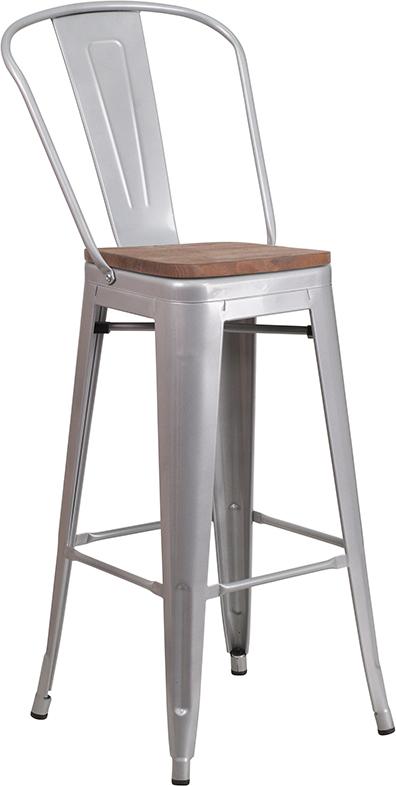 Flash Furniture 30″ High Silver Metal Barstool with Back and Wood Seat – CH-31320-30GB-SIL-WD-GG on Sale
