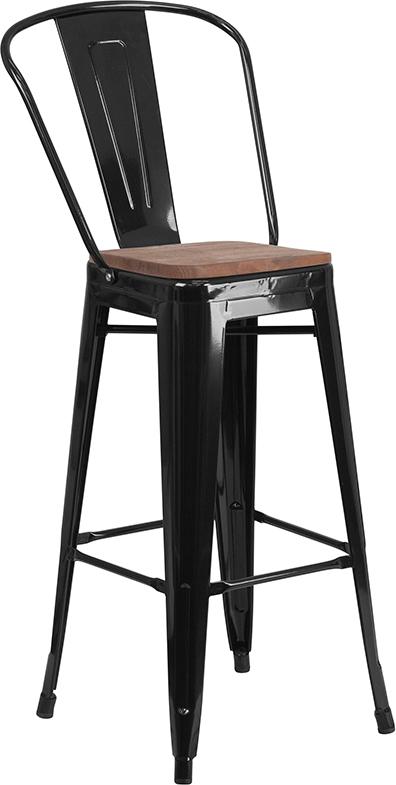Flash Furniture 30″ High Black Metal Barstool with Back and Wood Seat – CH-31320-30GB-BK-WD-GG Supply