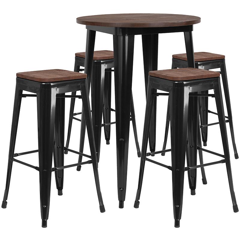 Flash Furniture 30″ Round Black Metal Bar Table Set with Wood Top and 4 Backless Stools – CH-WD-TBCH-26-GG Online Sale