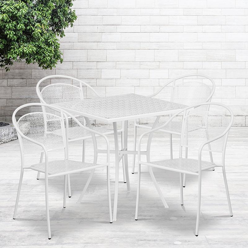 Flash Furniture 28” Square White Indoor-Outdoor Steel Patio Table Set with 4 Round Back Chairs – CO-28SQ-03CHR4-WH-GG Hot on Sale