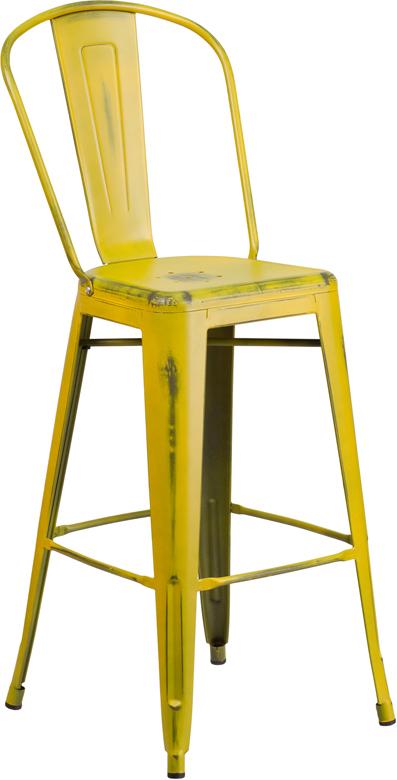 Flash Furniture 30” High Distressed Yellow Metal Indoor-Outdoor Barstool with Back – ET-3534-30-YL-GG Online Hot Sale