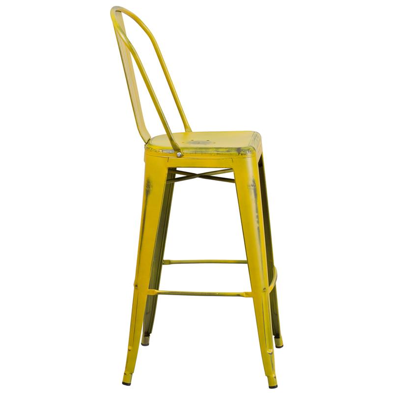 Flash Furniture 30” High Distressed Yellow Metal Indoor-Outdoor Barstool with Back – ET-3534-30-YL-GG Online Hot Sale
