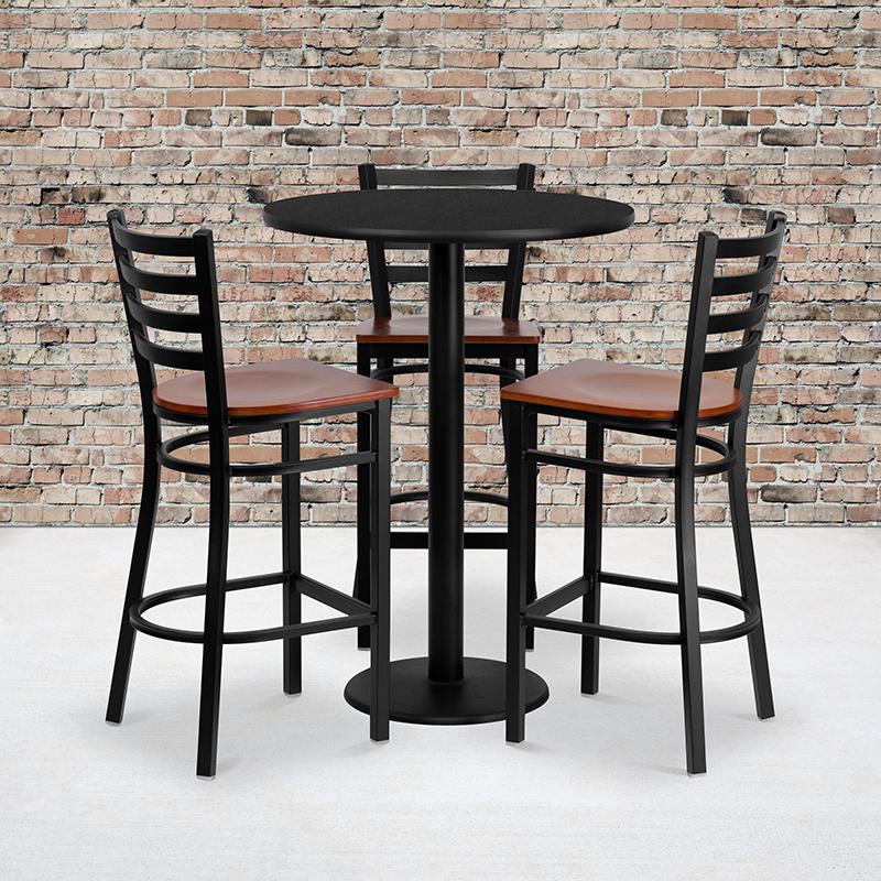 Flash Furniture 30” Round Black Laminate Table Set with 3 Ladder Back Metal Barstools – Cherry Wood Seat – MD-0013-GG Fashion