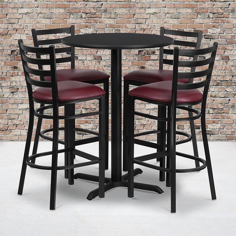 Flash Furniture 30” Round Black Laminate Table Set with X-Base and 4 Ladder Back Metal Barstools – Burgundy Vinyl Seat – HDBF1025-GG Fashion