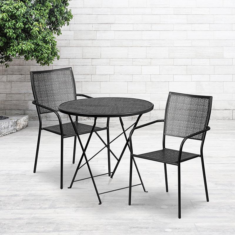 Flash Furniture 30” Round Black Indoor-Outdoor Steel Folding Patio Table Set with 2 Square Back Chairs – CO-30RDF-02CHR2-BK-GG Online Hot Sale