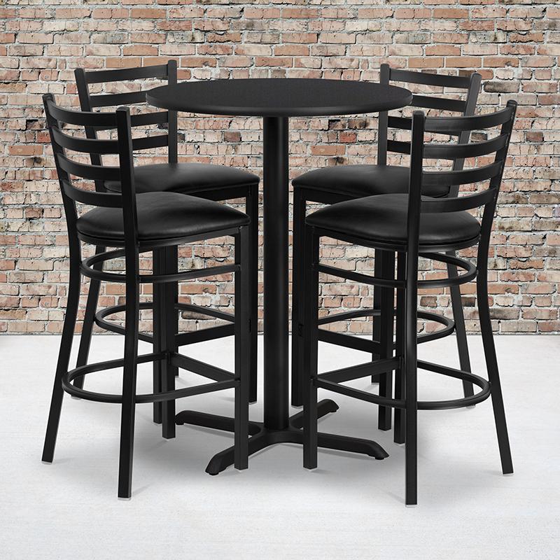 Flash Furniture 30” Round Black Laminate Table Set with X-Base and 4 Ladder Back Metal Barstools – Black Vinyl Seat – HDBF1021-GG Online Hot Sale