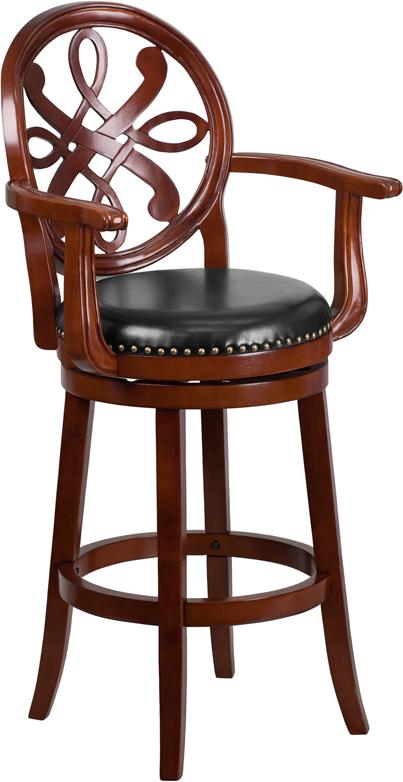 Flash Furniture 30” High Cherry Wood Barstool with Arms, Carved Back and Black Leather Swivel Seat – TA-550230-CHY-GG Online Sale