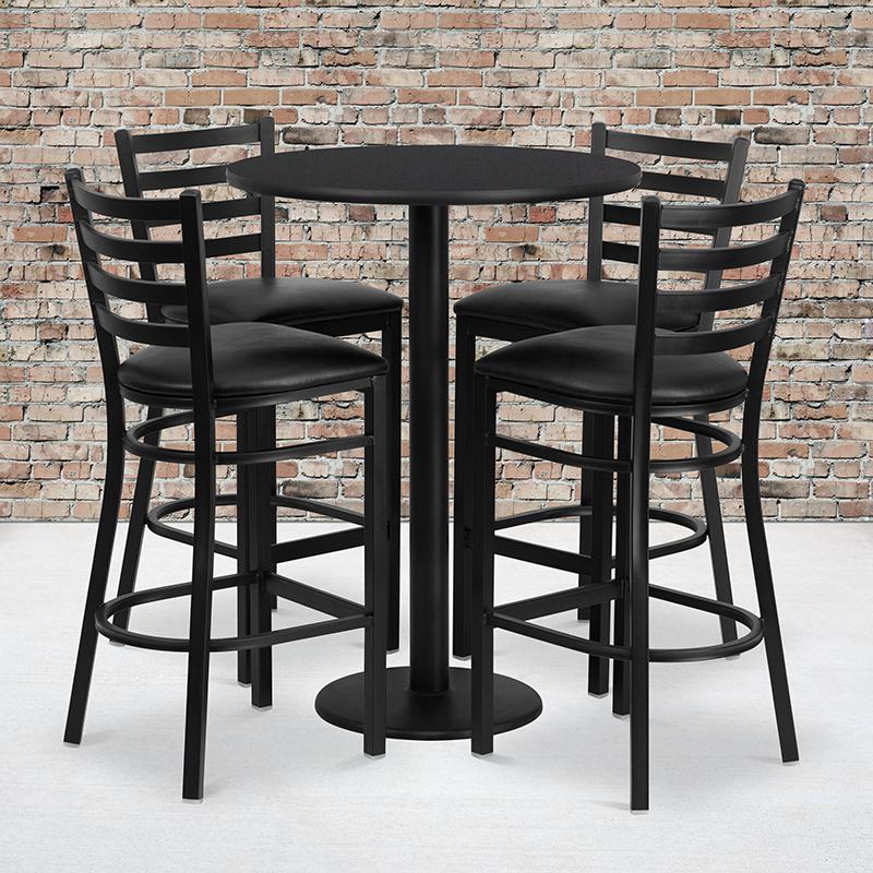 Flash Furniture 30” Round Black Laminate Table Set with Round Base and 4 Ladder Back Metal Barstools – Black Vinyl Seat – RSRB1021-GG Hot on Sale
