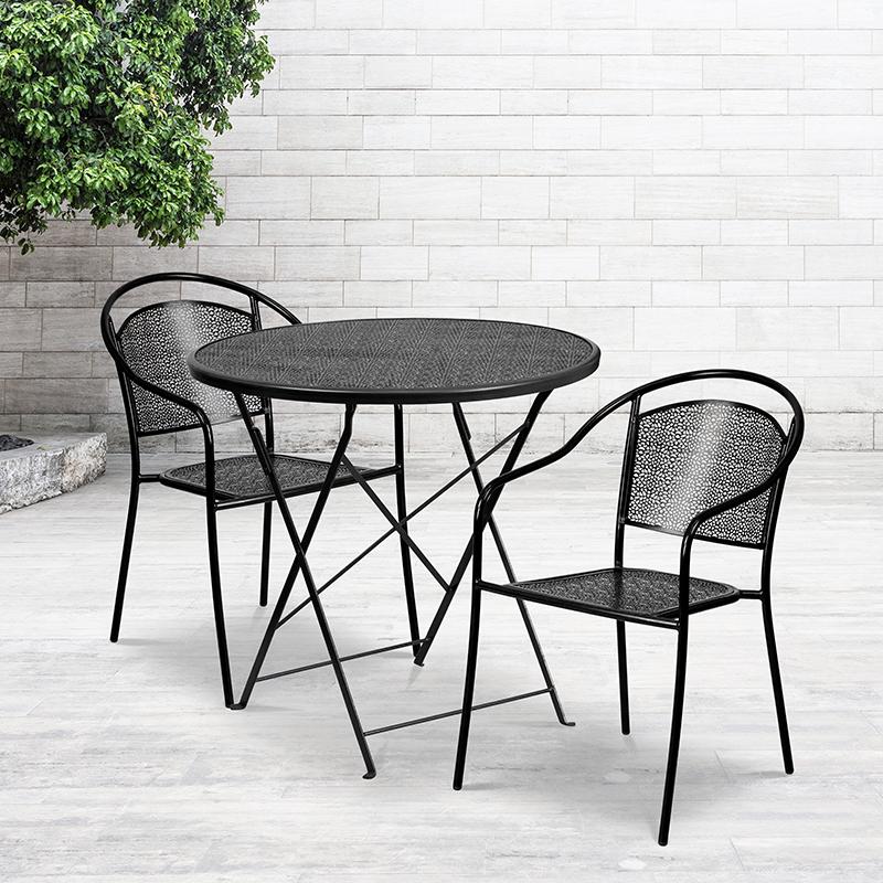Flash Furniture 30” Round Black Indoor-Outdoor Steel Folding Patio Table Set with 2 Round Back Chairs – CO-30RDF-03CHR2-BK-GG on Sale