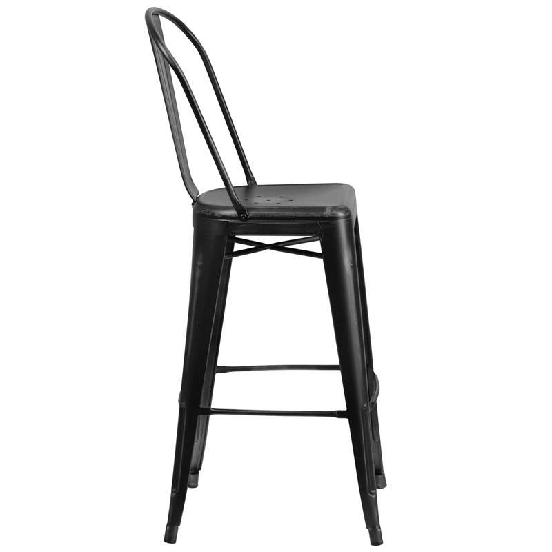 Flash Furniture 30” High Distressed Black Metal Indoor-Outdoor Barstool with Back – ET-3534-30-BK-GG on Sale