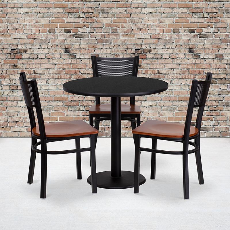 Flash Furniture 30” Round Black Laminate Table Set with 3 Grid Back Metal Chairs – Cherry Wood Seat – MD-0007-GG on Sale