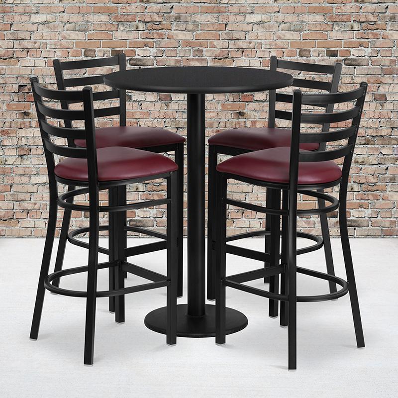Flash Furniture 30” Round Black Laminate Table Set with Round Base and 4 Ladder Back Metal Barstools – Burgundy Vinyl Seat – RSRB1025-GG Fashion