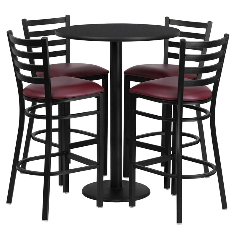 Flash Furniture 30” Round Black Laminate Table Set with Round Base and 4 Ladder Back Metal Barstools – Burgundy Vinyl Seat – RSRB1025-GG Fashion